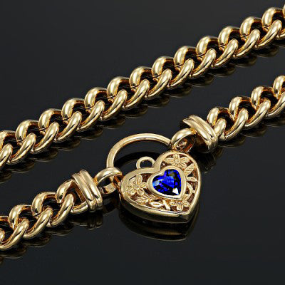 18ct Heavy Yellow Gold Plated Euro Chain Necklace with a Dark Blue Filigree Locket - USA Made