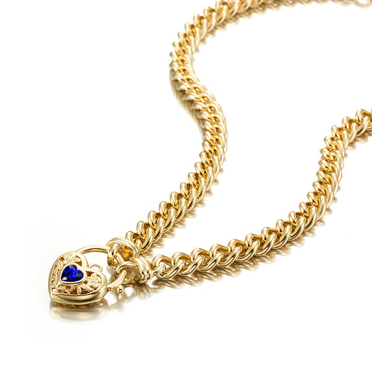 18ct Heavy Yellow Gold Plated Euro Chain Necklace with a Dark Blue Filigree Locket - USA Made