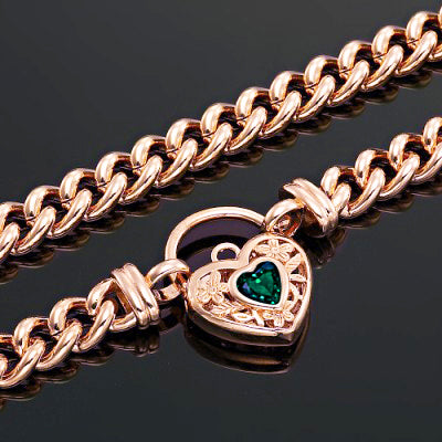 18ct Heavy Rose Gold Plated Euro Chain Necklace with a Green Filigree Locket - USA Made