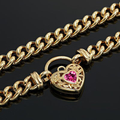 18ct Heavy Yellow Gold Plated Euro Chain Necklace with a Pink Filigree Locket - USA Made