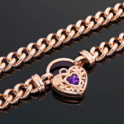 18ct Heavy Rose Gold Plated Euro Chain Necklace with a Purple Filigree Locket - USA Made