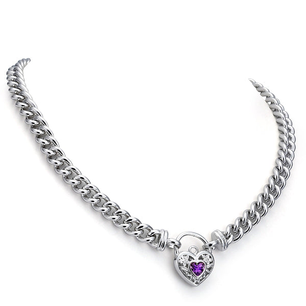 925 Sterling Silver Plated Euro Chain Necklace with a Purple Filigree Locket - USA Made