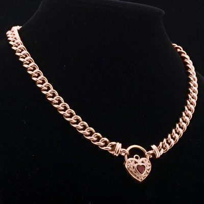 18ct Heavy Rose Gold Plated Euro Chain Necklace with a Filigree Locket Featuring a Simulated Ruby - USA Made