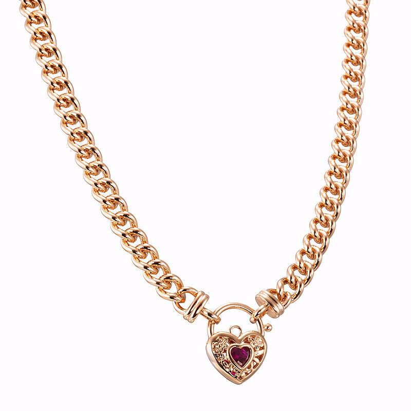 18ct Heavy Rose Gold Plated Euro Chain Necklace with a Filigree Locket Featuring a Simulated Ruby - USA Made