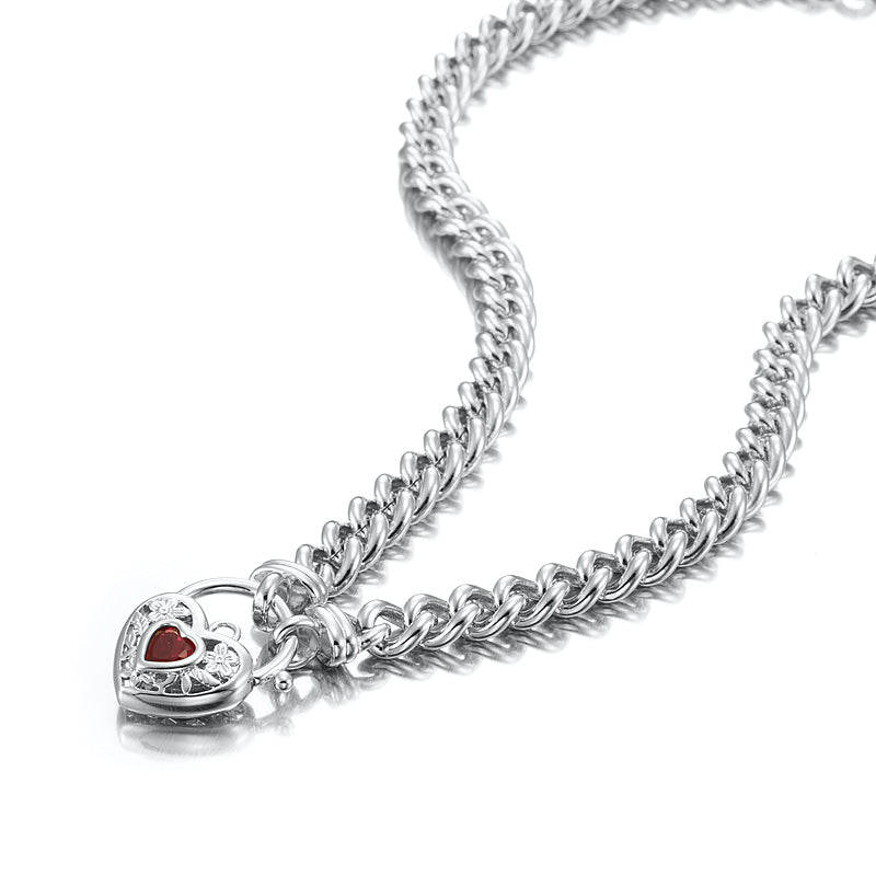 925 Sterling Silver Plated Euro Chain Necklace with a Filigree Locket Featuring a Simulated Ruby - USA Made