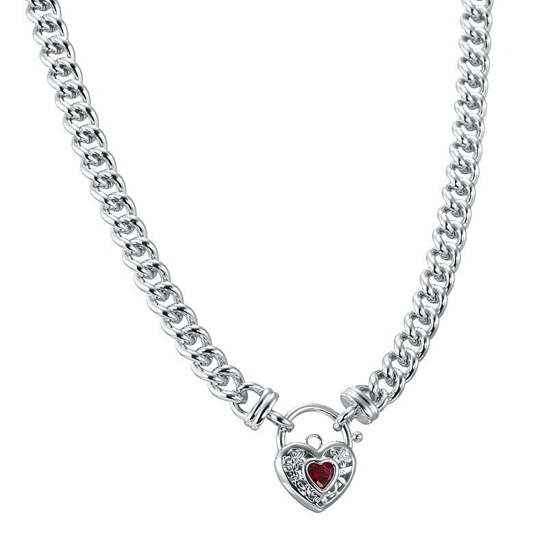 925 Sterling Silver Plated Euro Chain Necklace with a Filigree Locket Featuring a Simulated Ruby - USA Made