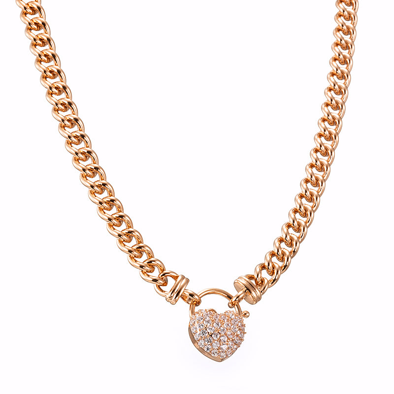 18ct Heavy Rose Gold Plated Euro Chain Necklace Featuring a Simulated Diamond Locket - USA Made