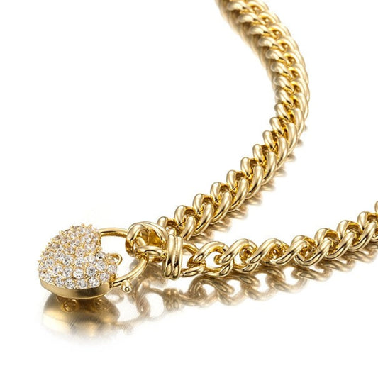 18ct Heavy Yellow Gold Plated Euro Chain Necklace Featuring a Simulated Diamond Locket - USA Made