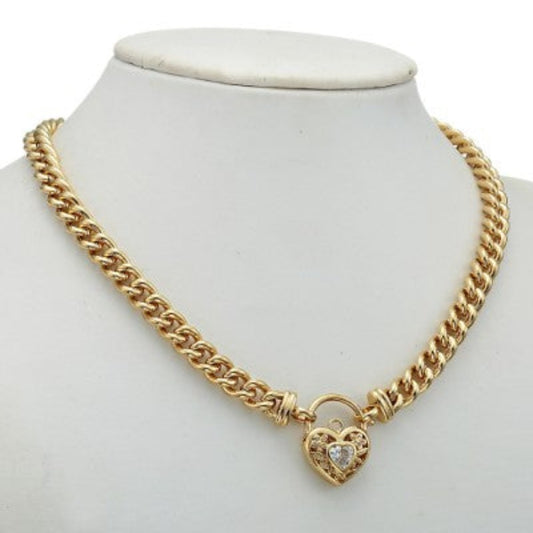 18ct Heavy Yellow Gold Plated Euro Chain Necklace with a Filigree Locket Featuring a Simulated Diamond - USA Made