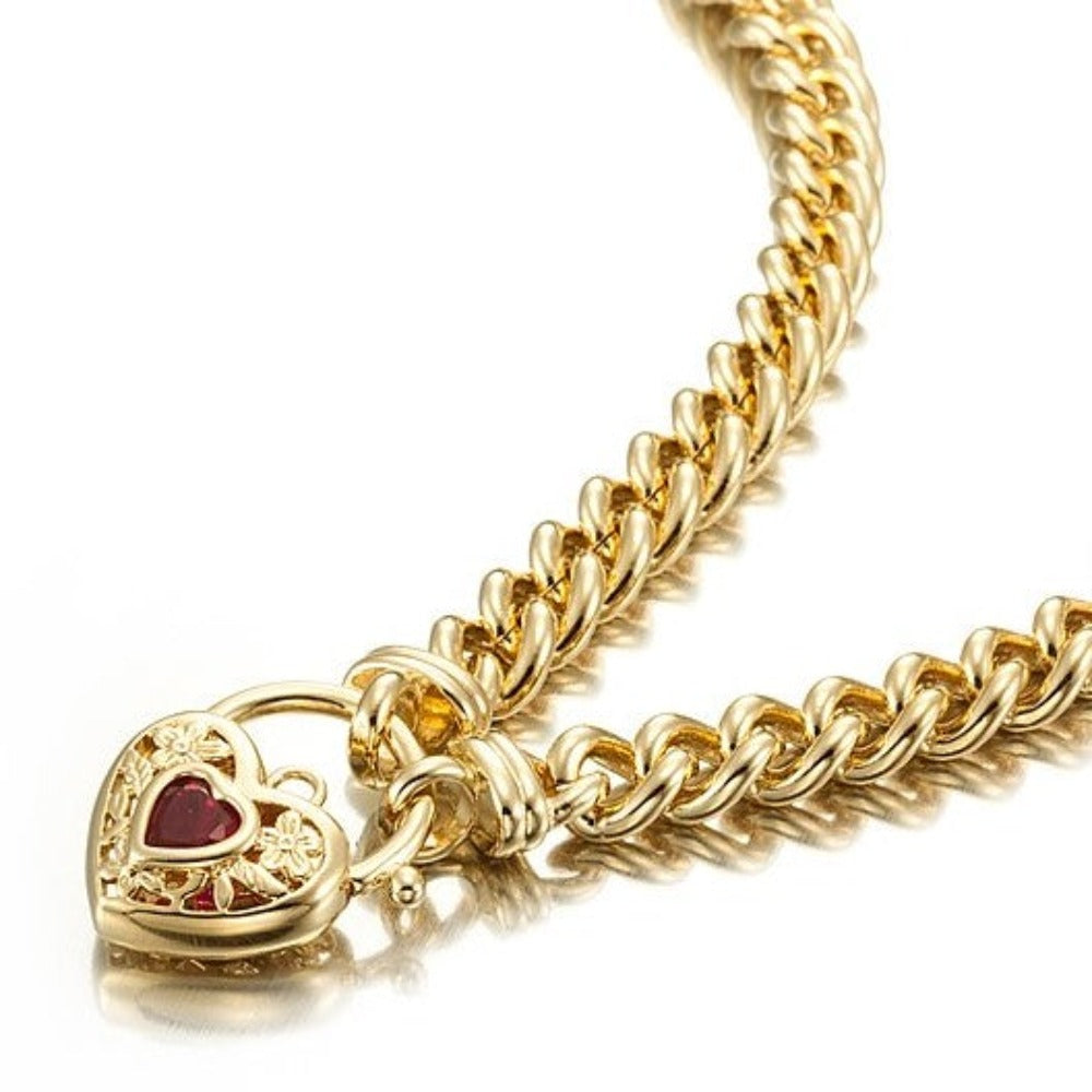 18ct Heavy Yellow Gold Plated Euro Chain Necklace with a Filigree Locket Featuring a Simulated Ruby - USA Made