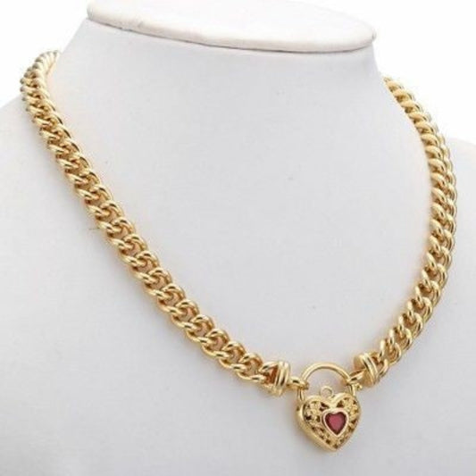 18ct Heavy Yellow Gold Plated Euro Chain Necklace with a Filigree Locket Featuring a Simulated Ruby - USA Made