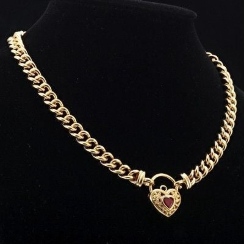 18ct Heavy Yellow Gold Plated Euro Chain Necklace with a Filigree Locket Featuring a Simulated Ruby - USA Made