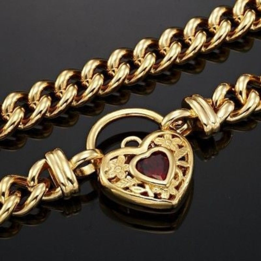 18ct Heavy Yellow Gold Plated Euro Chain Necklace with a Filigree Locket Featuring a Simulated Ruby - USA Made