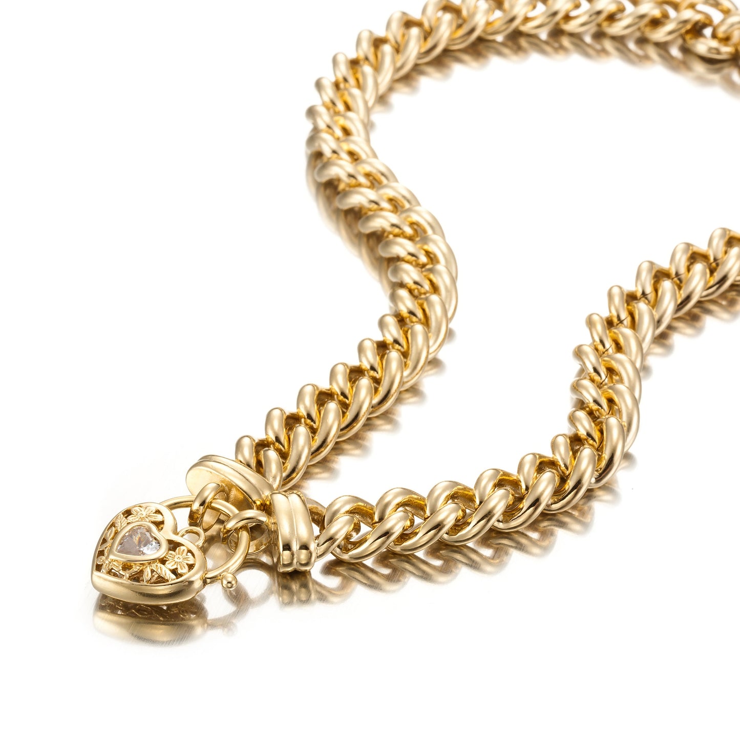 18ct Heavy Yellow Gold Plated Euro Chain Necklace with a Filigree Locket Featuring a Simulated Diamond - USA Made