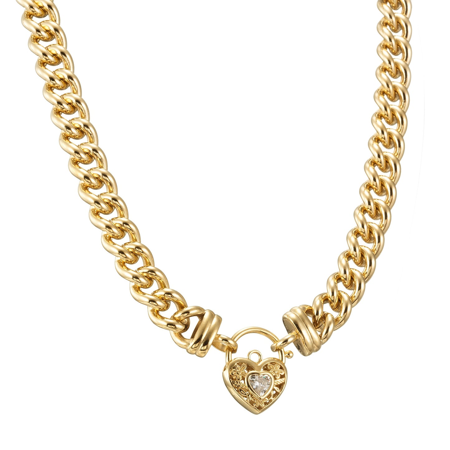 18ct Heavy Yellow Gold Plated Euro Chain Necklace with a Filigree Locket Featuring a Simulated Diamond - USA Made