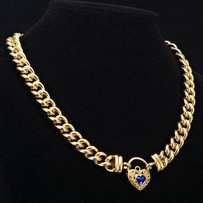 18ct Heavy Yellow Gold Plated 12mm Euro Chain Necklace with a Dark Blue Filigree Locket - USA Made