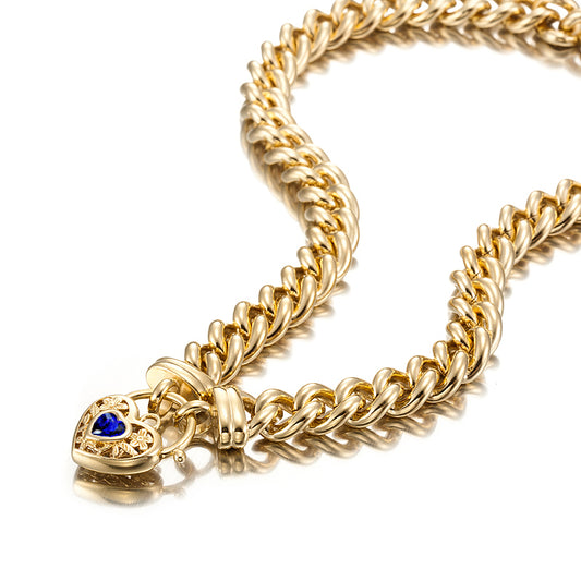 18ct Heavy Yellow Gold Plated 12mm Euro Chain Necklace with a Dark Blue Filigree Locket - USA Made