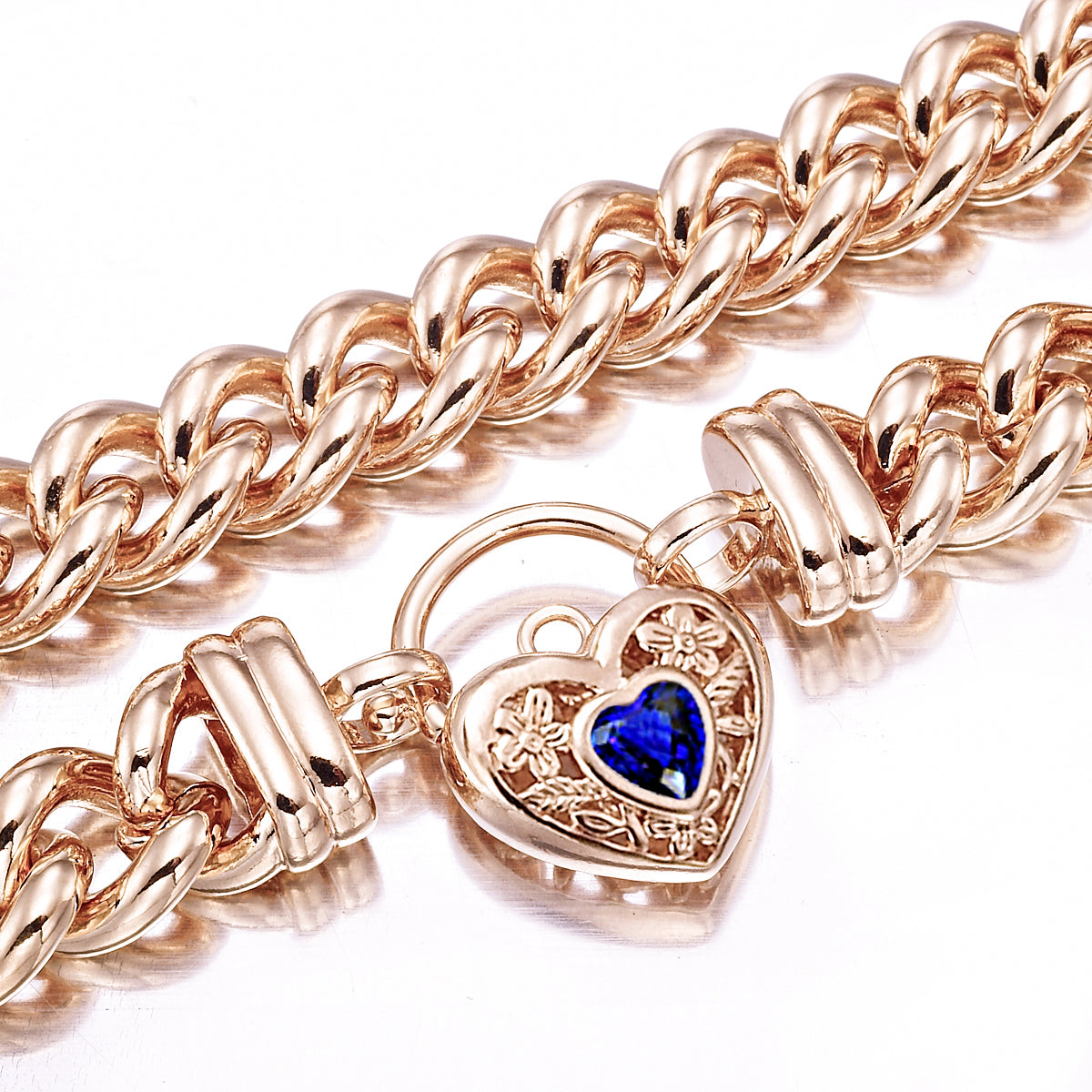 18ct Heavy Rose Gold Plated 12mm Euro Chain Necklace with a Dark Blue Filigree Locket - USA Made