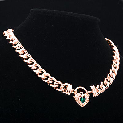 18ct Heavy Rose Gold Plated 12mm Euro Chain Necklace with a Green Filigree Locket - USA Made