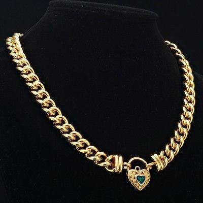 18ct Heavy Yellow Gold Plated 12mm Euro Chain Necklace with a Green Filigree Locket - USA Made