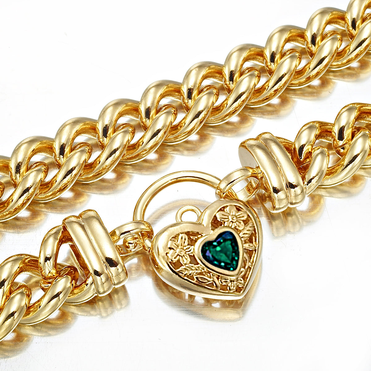 18ct Heavy Yellow Gold Plated 12mm Euro Chain Necklace with a Green Filigree Locket - USA Made