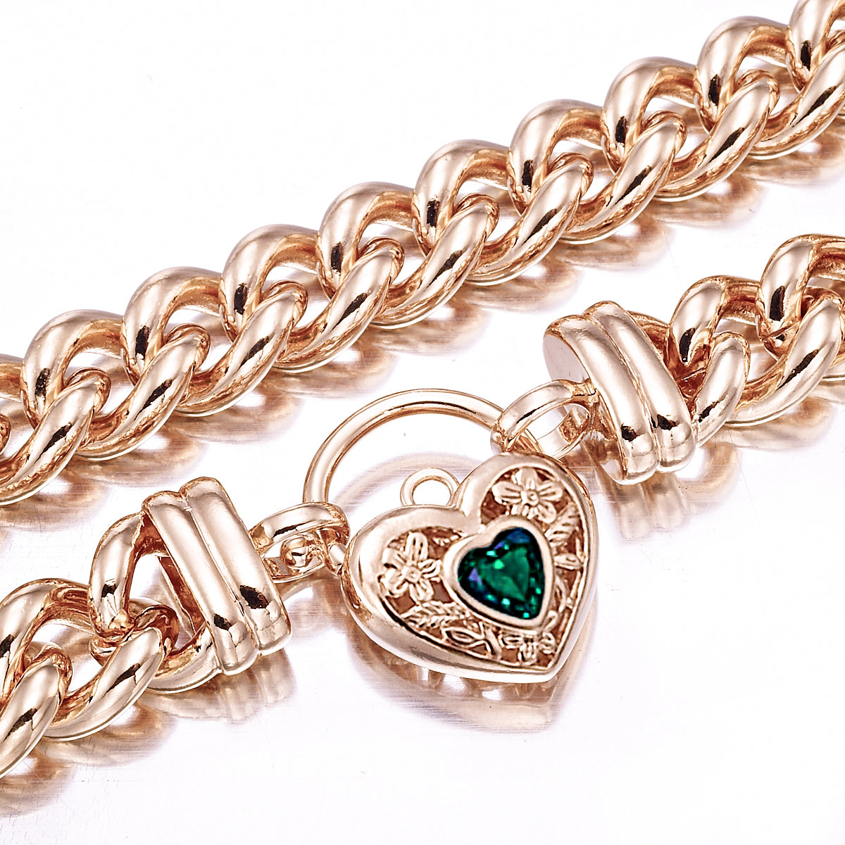 18ct Heavy Rose Gold Plated 12mm Euro Chain Necklace with a Green Filigree Locket - USA Made