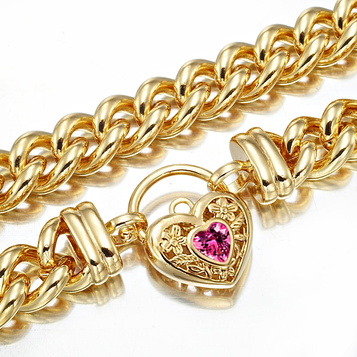 18ct Heavy Yellow Gold Plated 12mm Euro Chain Necklace with a Pink Filigree Locket - USA Made