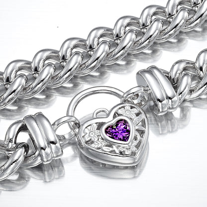 925 Sterling Silver Plated 12mm Euro Chain Necklace with a Purple Filigree Locket - USA Made