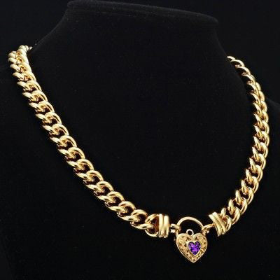 18ct Heavy Yellow Gold Plated 12mm Euro Chain Necklace with a Purple Filigree Locket - USA Made