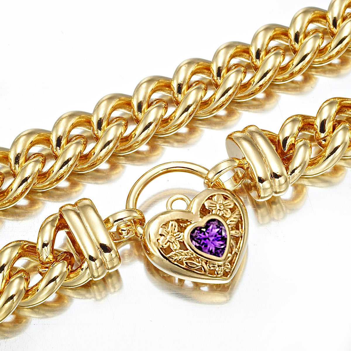 18ct Heavy Yellow Gold Plated 12mm Euro Chain Necklace with a Purple Filigree Locket - USA Made