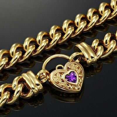 18ct Heavy Yellow Gold Plated 12mm Euro Chain Necklace with a Purple Filigree Locket - USA Made