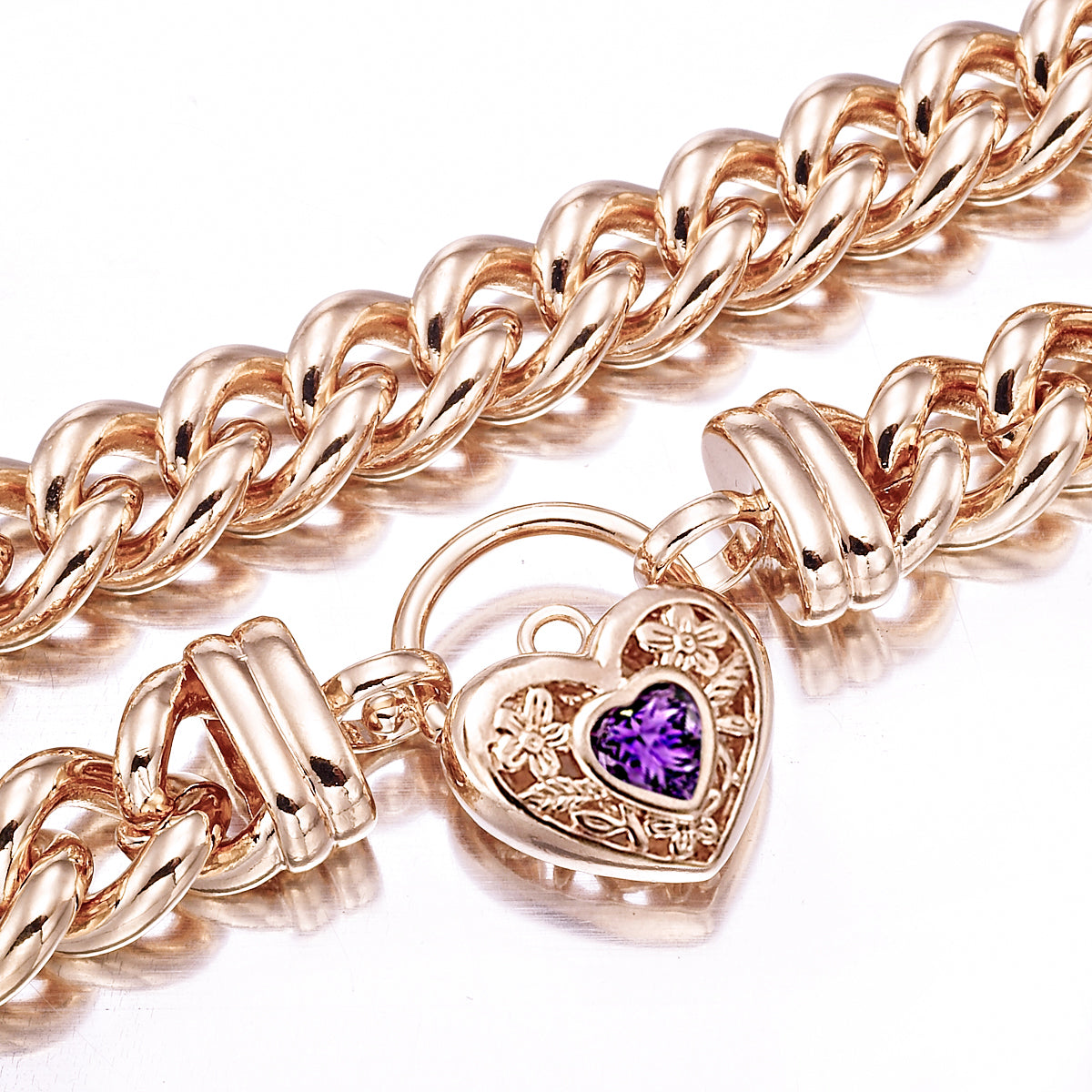 18ct Heavy Rose Gold Plated 12mm Euro Chain Necklace with a Purple Filigree Locket - USA Made