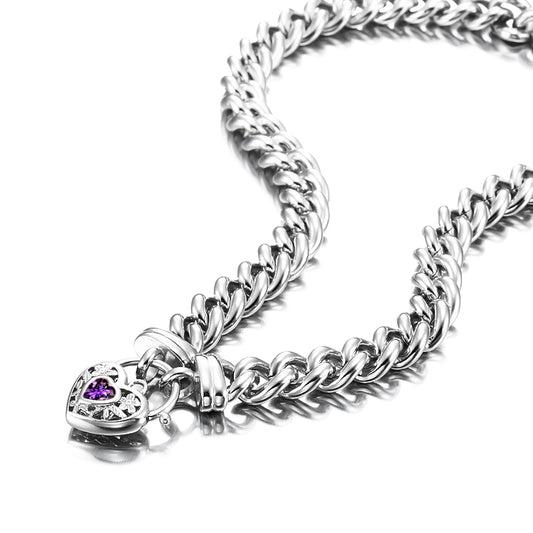 925 Sterling Silver Plated Euro Chain Necklace with a Purple Filigree Locket - USA Made