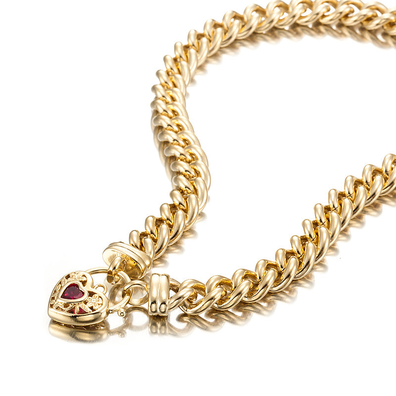 18ct Heavy Yellow Gold Plated Euro Chain Necklace with a Filigree Locket Featuring a Simulated Ruby - USA Made