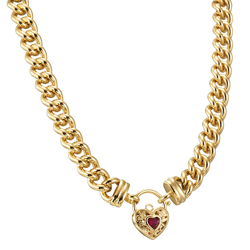 18ct Heavy Yellow Gold Plated Euro Chain Necklace with a Filigree Locket Featuring a Simulated Ruby - USA Made