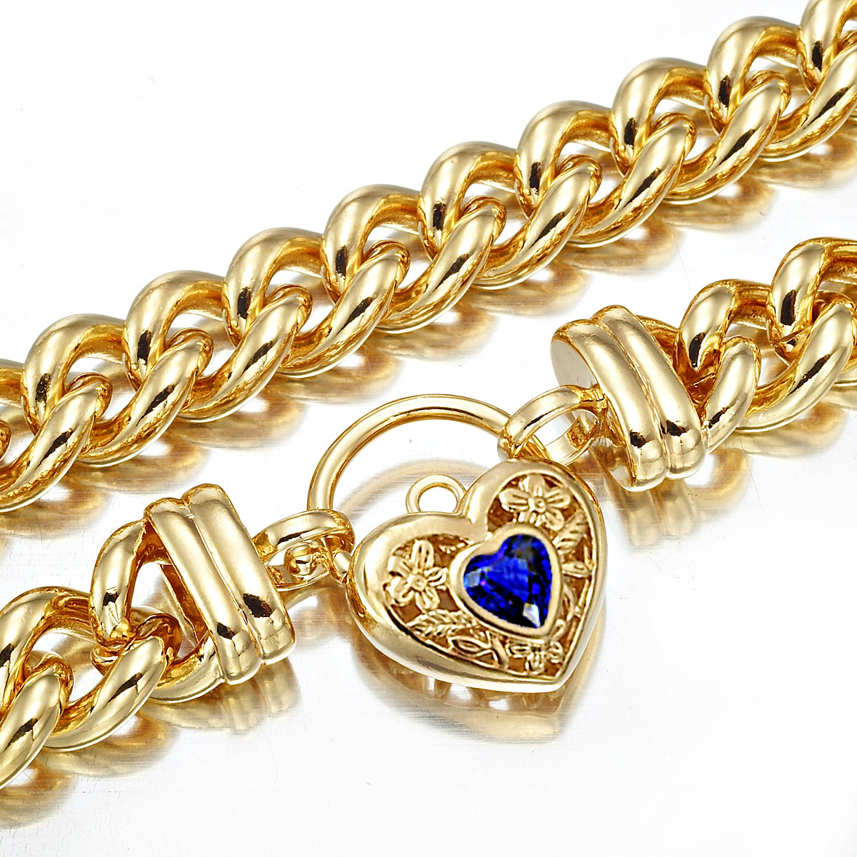 18ct Heavy Yellow Gold Plated 12mm Euro Chain Necklace with a Dark Blue Filigree Locket - USA Made