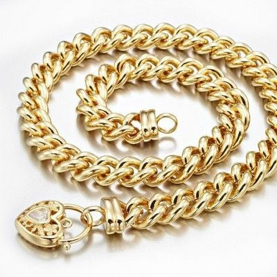 18ct Heavy Yellow Gold Plated Euro Chain Necklace with a Filigree Locket Featuring a Simulated Diamond - USA Made