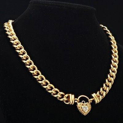 18ct Heavy Yellow Gold Plated Euro Chain Necklace with a Filigree Locket Featuring a Simulated Diamond - USA Made