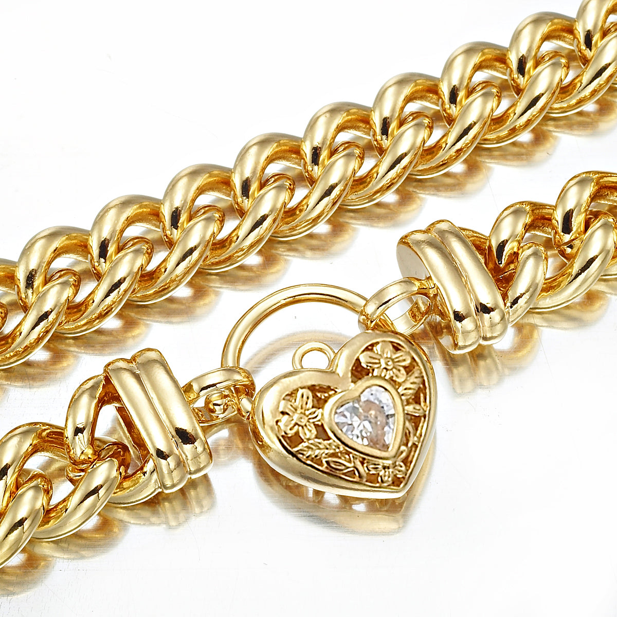 18ct Heavy Yellow Gold Plated Euro Chain Necklace with a Filigree Locket Featuring a Simulated Diamond - USA Made