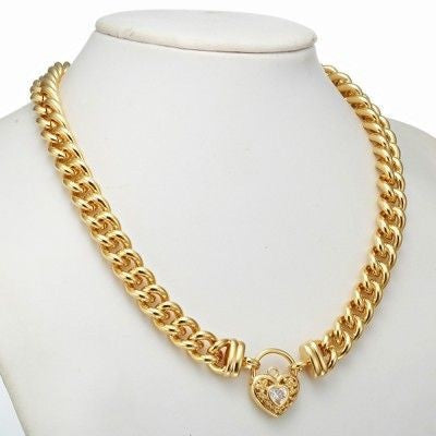 18ct Heavy Yellow Gold Plated Euro Chain Necklace with a Filigree Locket Featuring a Simulated Diamond - USA Made