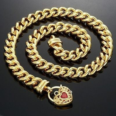 18ct Heavy Yellow Gold Plated Euro Chain Necklace with a Filigree Locket Featuring a Simulated Ruby - USA Made