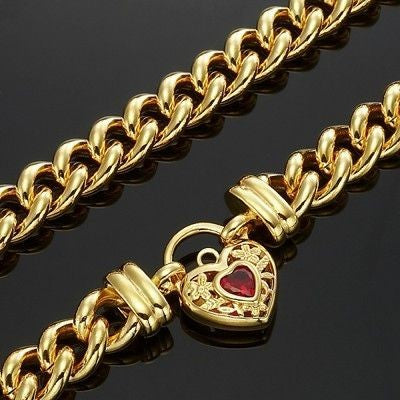 18ct Heavy Yellow Gold Plated Euro Chain Necklace with a Filigree Locket Featuring a Simulated Ruby - USA Made