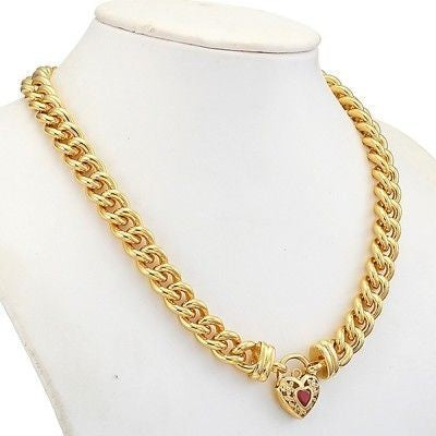 18ct Heavy Yellow Gold Plated Euro Chain Necklace with a Filigree Locket Featuring a Simulated Ruby - USA Made