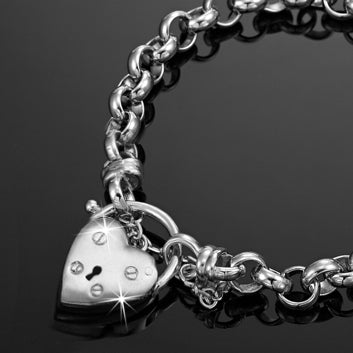 925 Sterling Silver Plated 6mm Belcher Chain Bracelet with a Small Plain Heart Locket - USA Made