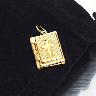 18ct Heavy Yellow Gold Plated Bible Pendant (Opens with 1 bible page) - USA Made